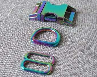 Rainbow Metal Buckle, Slide, and D-Ring 3pc dog collar hardware kit
