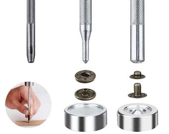 May include: A set of tools for attaching metal snaps to fabric. The tools include a punch, a setting tool, and a convex tool. The set also includes a variety of metal snaps in different sizes and colors.