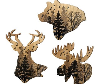 Woodland Wall Decor - Deer Moose Bear Forest Engraved Wall Art - Nature Decor - Cabin Decor -1