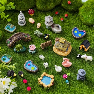 May include: A collection of miniature fairy garden accessories, including a bridge, a house, a frog, a turtle, a birdhouse, a pond, and a variety of other whimsical items. These miniature figurines are perfect for adding a touch of magic to your fairy garden.