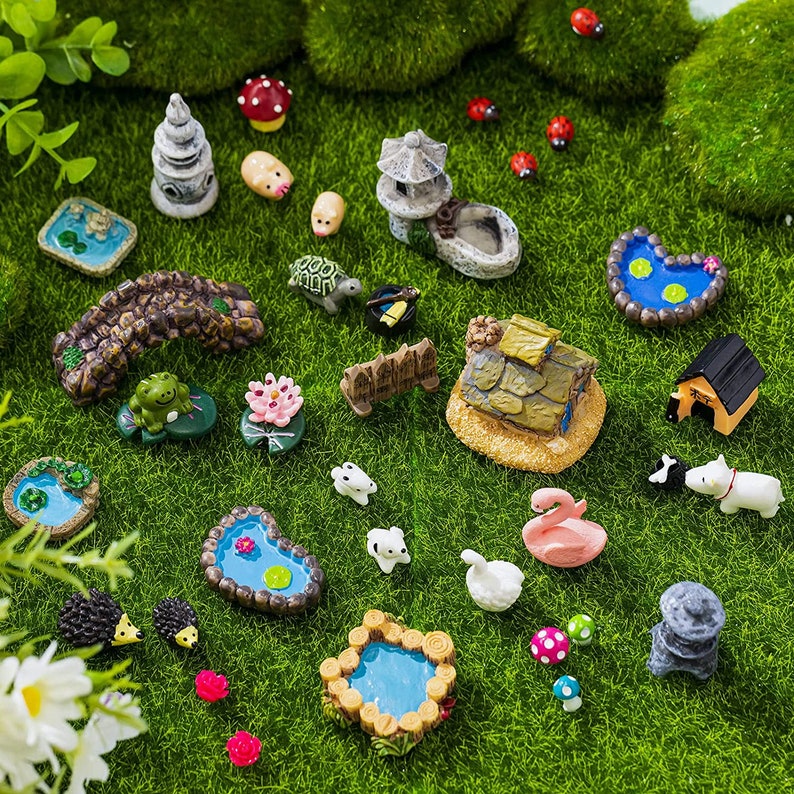 May include: A collection of miniature fairy garden accessories, including a bridge, a house, a frog, a turtle, a birdhouse, a pond, and a variety of other whimsical items. These miniature figurines are perfect for adding a touch of magic to your fairy garden.