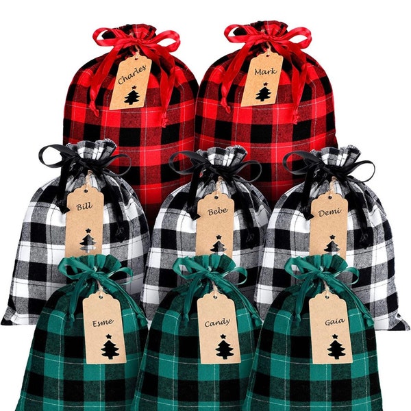 Bolsas de regalo de Navidad - Bolsa de regalo de Navidad a cuadros pequeña, mediana y grande reutilizable - Saco con cordón - Bolsas de regalo con cordón de Papá Noel -1