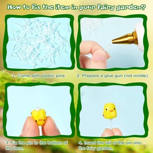 May include: A four-step guide on how to fix an item in a fairy garden. The steps include using plastic pins, a glue gun, attaching the pin to the item, and inserting the pin into the fairy garden.