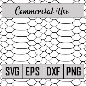 以下が含まれることがあります： 蛇の皮のような、重なり合った鱗の白黒のシームレスパターン。パターンには「商用利用」と表示され、SVG、EPS、DXF、PNGのファイル形式が含まれています。