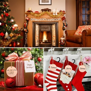 May include: A festive Christmas scene featuring a decorated tree, fireplace with a "Merry Christmas" banner, and stockings. A wrapped gift with a tag that says "Happy Holidays!" and a red bell are also present. The overall theme is holiday decor.