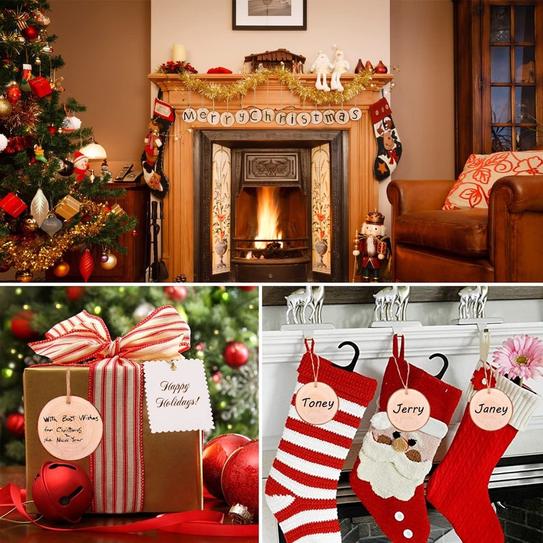 May include: A festive Christmas scene featuring a decorated tree, fireplace with a "Merry Christmas" banner, and stockings. A wrapped gift with a tag that says "Happy Holidays!" and a red bell are also present. The overall theme is holiday decor.