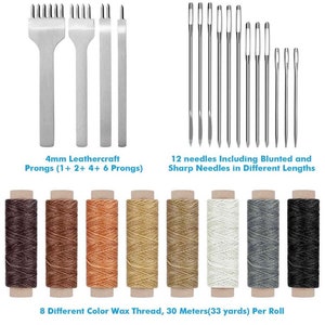 May include: Leathercraft tools set with four different prong punches, twelve needles of varying lengths, and eight spools of waxed thread in brown, tan, orange, beige, white, gray, and black.