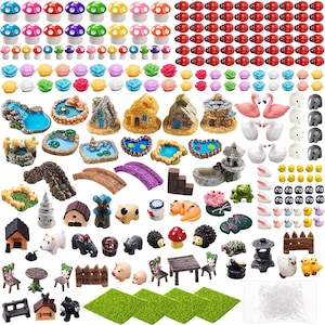 May include: A large collection of miniature fairy garden accessories, including houses, bridges, ponds, animals, flowers, and mushrooms. The set also includes a variety of colorful ladybugs, a white picket fence, and a small bag of white gravel.