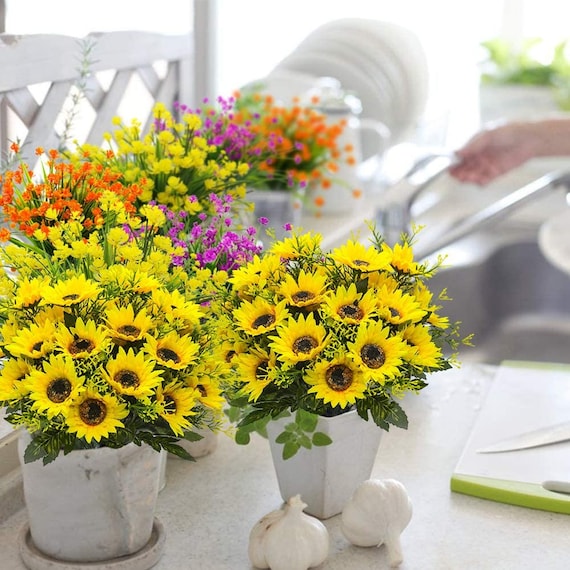 TURNMEON 28Pcs Sunflowers Artificial Flowers For Outdoors Spring Decor, 4 Pack Fake Flowers Silk Faux Sunflower Bouquet Arrangement For Vase Wedding Table Home Grave Cemetery Flowers Summer Decor - View #3