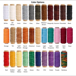 May include: A chart of 24 spools of waxed thread in various colors, including white, off-white, ivory, silver, gray, olive, medium brown, burgundy, autumn, chocolate, black, orange, tan, light brown, burnt orange, chestnut, cream, light blue, dark turquoise, light pink, dark red, rose, red, golden yellow, light yellow, pale green, green, blue, lilac, violet, purple, and rainbow.