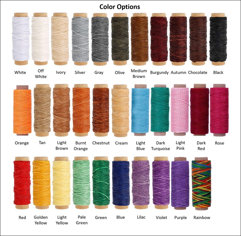 May include: A chart of 24 spools of waxed thread in various colors, including white, off-white, ivory, silver, gray, olive, medium brown, burgundy, autumn, chocolate, black, orange, tan, light brown, burnt orange, chestnut, cream, light blue, dark turquoise, light pink, dark red, rose, red, golden yellow, light yellow, pale green, green, blue, lilac, violet, purple, and rainbow.