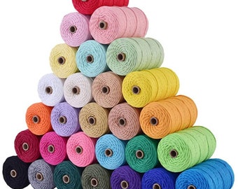 May include: A collection of 25 spools of cotton rope in various colors, arranged in a pyramid shape. The rope is a natural, soft, and versatile material that can be used for a variety of crafts and projects.