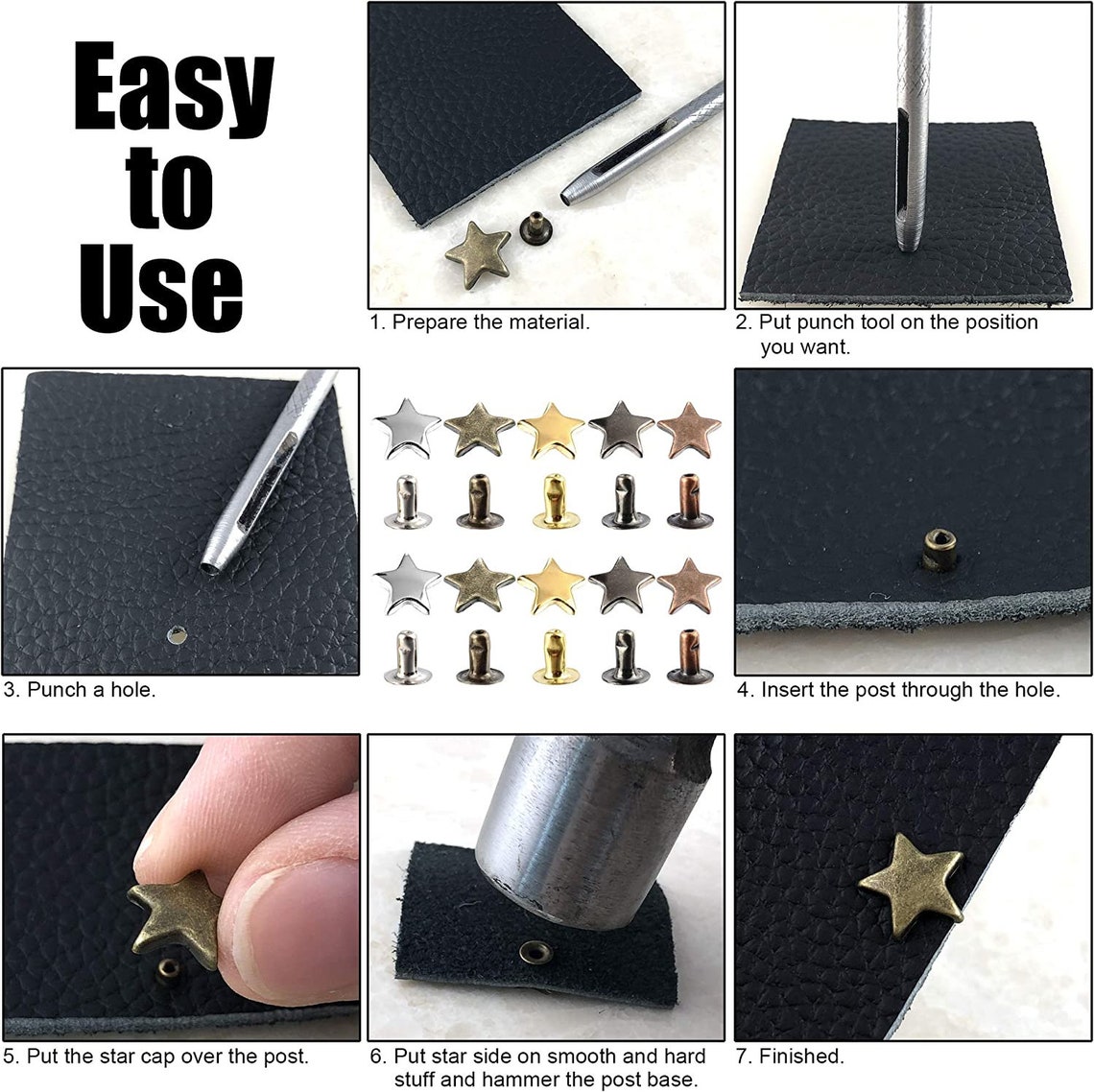 Star Rivets - 20ct Star Shaped Rivets for Leather, Clothes, Vinyl, and ...