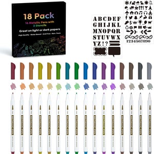 May include: A set of 18 metallic pens with two stencils. The pens are water-based and acid-free. The stencils include letters, numbers, and symbols. The pens are arranged in a row, with the caps off. The stencils are on the right side of the image. The text on the box reads "18 Pack 16 Metallic Pens with 2 Stencils Great on light or dark papers High Quality Water Based Acid Free Non-Toxic"
