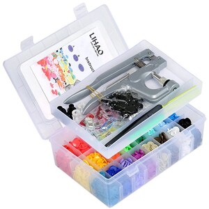 May include: A clear plastic storage box with a silver snap button press tool, pliers, and a variety of colorful snap buttons. The box is labeled "LIHAO" and includes instructions.