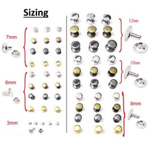 Puede incluir: Surtido de remaches met&aacute;licos de varios tama&ntilde;os, incluyendo 3 mm, 6 mm, 7 mm, 8 mm, 10 mm y 12 mm. Los remaches son de color plateado, dorado y bronce. El tama&ntilde;o se indica en mil&iacute;metros.