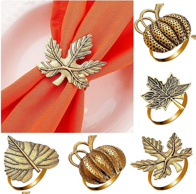 Fall Napkin Ring Set 6pcs Fall Leaves and Pumpkin Napkin rings Metal Table Napkin Rings for Thanksgiving, Events, Decor, and Guests image 1