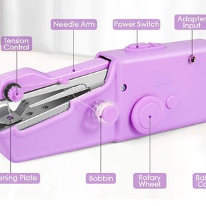 May include: A purple handheld sewing machine with a white bobbin, a rotary wheel, a tension control knob, and a battery cover. The machine has a needle arm, a power switch, and an adapter input.
