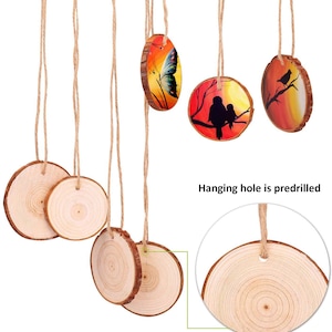 May include: Wooden disc ornaments with natural edges and predrilled hanging holes. Some discs feature painted designs of a butterfly, birds on a branch, and a pair of birds. Each ornament hangs from a natural twine string.