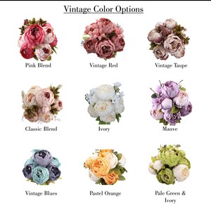 Puede incluir: Nueve opciones de color diferentes para un ramo de peon&iacute;as artificiales. Los colores incluyen mezcla de rosa, rojo vintage, topo vintage, mezcla cl&aacute;sica, marfil, malva, azules vintage, naranja pastel y verde p&aacute;lido y marfil.