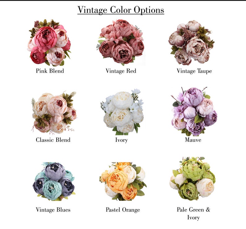 Puede incluir: Nueve opciones de color diferentes para un ramo de peon&iacute;as artificiales. Los colores incluyen mezcla de rosa, rojo vintage, topo vintage, mezcla cl&aacute;sica, marfil, malva, azules vintage, naranja pastel y verde p&aacute;lido y marfil.