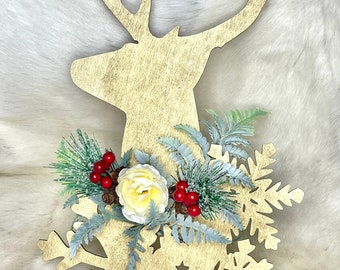 Handgemaakte rendieren kerstdecor - rendieren kunst aan de muur - rendieren bloemen winter wandstuk -P