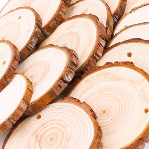 May include: A collection of natural wood slices with bark edges. The light-colored wood features visible growth rings and some slices have a small drilled hole. These rustic wood rounds are ideal for crafts and decorations.