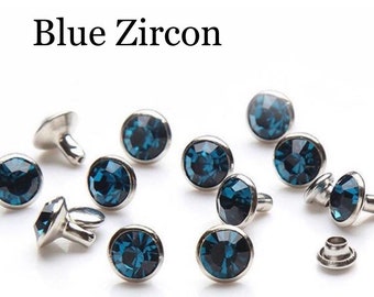 Blue Zircon Rhinestone Rivets - 8mm Crystal Rivets - Gem Rivets for Leather - Fast Shipping -60