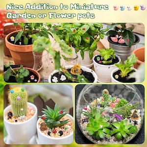 May include: A collection of miniature figurines, including a house, a bird, a ladybug, a mushroom, and a rabbit, are displayed in various potted plants and a glass terrarium. The text "Nice Addition to Miniature Garden or Flower Pots" is displayed at the top of the image.
