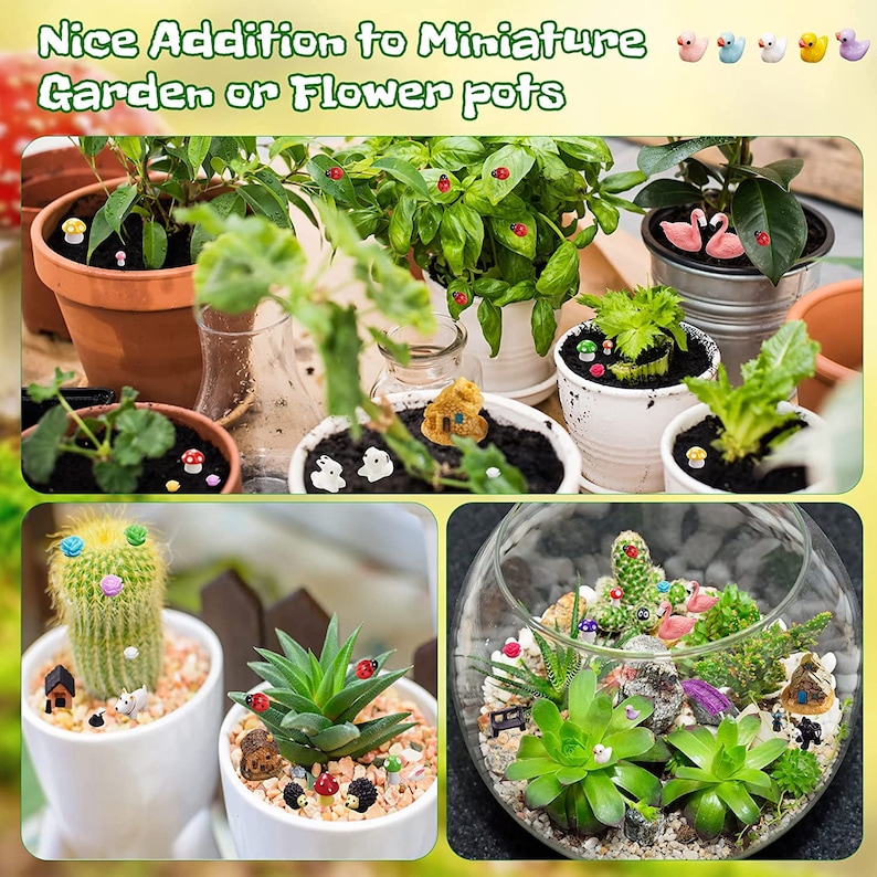 May include: A collection of miniature figurines, including a house, a bird, a ladybug, a mushroom, and a rabbit, are displayed in various potted plants and a glass terrarium. The text "Nice Addition to Miniature Garden or Flower Pots" is displayed at the top of the image.
