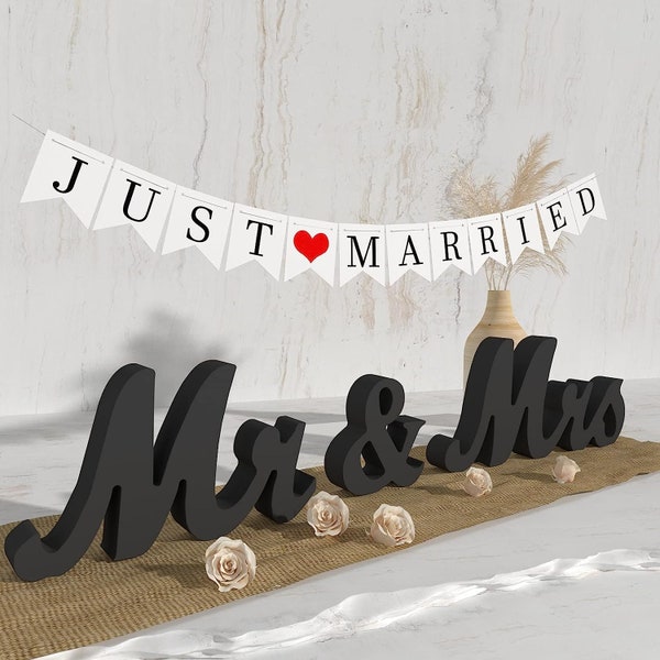 Mr and Mrs Sign with Just Married Banner - Mr & Mrs Signs for Wedding Table - Large Wooden Letters for Sweetheart Table - Photo Props