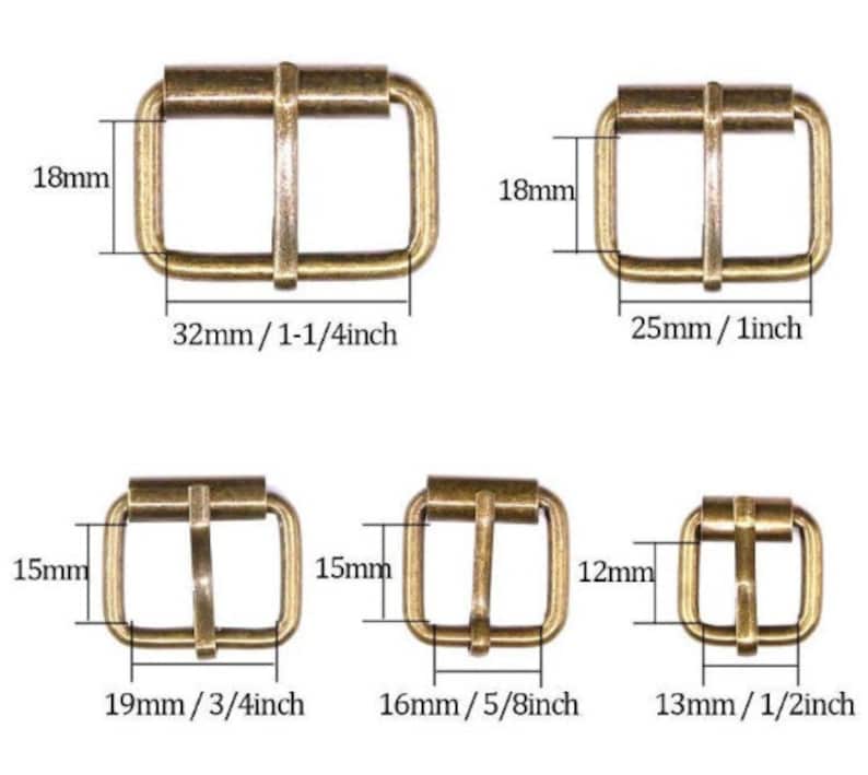 May include: Five different sizes of antique gold metal buckle closures. The buckles are 1 1/4 inches, 1 inch, 3/4 inch, 5/8 inch, and 1/2 inch wide.