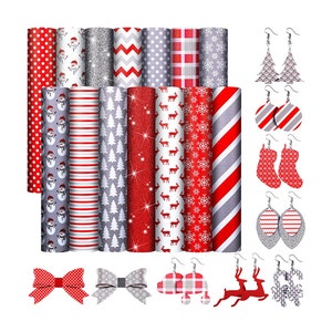 May include: A set of 12 Christmas themed patterned papers with red and white stripes, red and white polka dots, red and white snowflakes, red and white reindeer, red and white glitter, red and white chevron, red and white trees, and gray and white glitter. The set also includes 10 pairs of Christmas themed earrings with red and white designs.