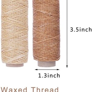 May include: Two spools of waxed thread, one beige and one brown, each measuring 3.5 inches tall and 1.3 inches wide. The text "Waxed Thread Length is 32.8yd" is printed below the spools.