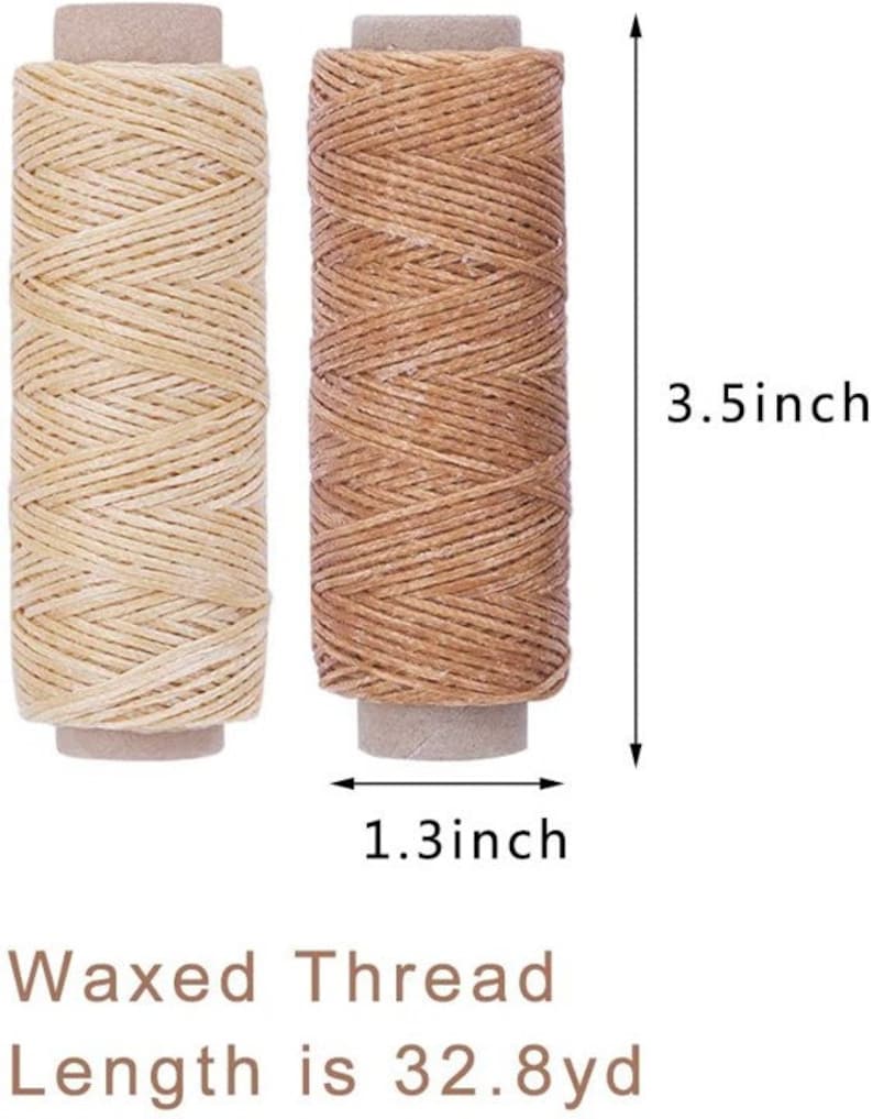 May include: Two spools of waxed thread, one beige and one brown, each measuring 3.5 inches tall and 1.3 inches wide. The text "Waxed Thread Length is 32.8yd" is printed below the spools.