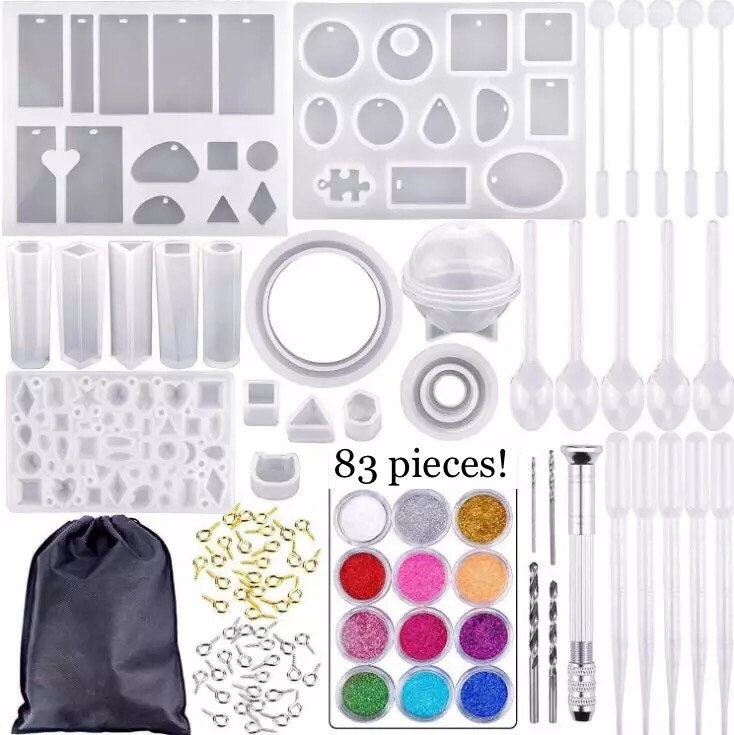 Newthinking 190pcs Resin Molds Kit, Resin Jewelry for Beginners with Molds, Including Many Shapes, Glitter Powder and Drill Tools for Beginners DIY