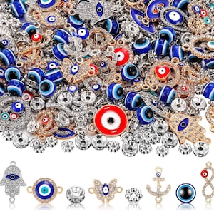 May include: Assortment of blue and red evil eye charms, hamsa hand charms, and other charms with rhinestones. The charms are perfect for jewelry making, scrapbooking, and other crafts.