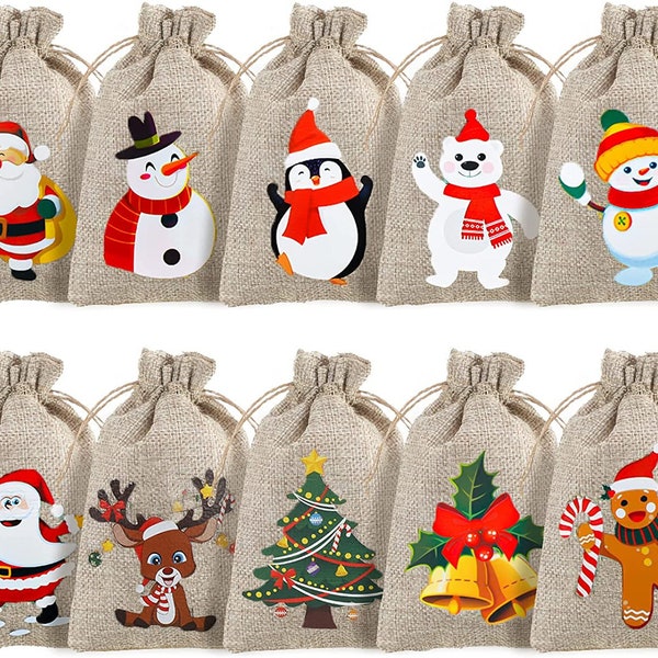 Christmas Gift Bags - 10ct Burlap Treat Bags - Drawstring Bags with Holiday Reindeer Snowman Gingerbread Santa Polar Bear Designs