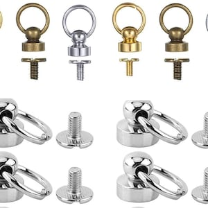 Puede incluir: Conjunto de 10 mosquetones giratorios de metal plateado y dorado con base de tornillo. Los mosquetones tienen un anillo redondo y una pequeña bola en la parte superior. La base de tornillo tiene una superficie plana y un tornillo con cabeza ranurada.