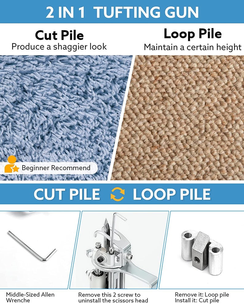 Kit per la realizzazione di tappeti: pistola per tufting a pelo lungo e ad anello, taglierina per tappeti, guida per il taglio, filato per tufting e tessuto per tappeti fai da te immagine 3