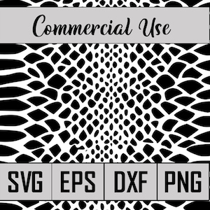 May include: A monochrome digital design with a reptile skin texture. The text "Commercial Use" is displayed at the top. Below are the file type options: SVG, EPS, DXF, and PNG.