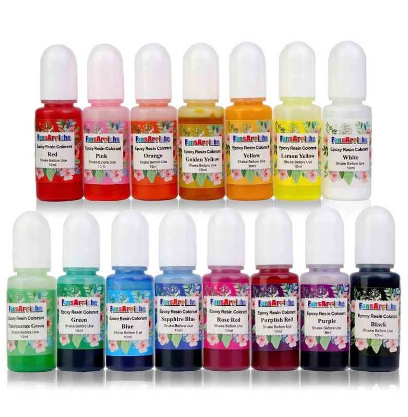 May include: Set of 14 small bottles of epoxy resin colorant in various colors, including red, pink, orange, golden yellow, yellow, lemon yellow, white, fluorescence green, green, blue, sapphire blue, rose red, purplish red, purple, and black. Each bottle is labeled with the color name and "FansArtLife Epoxy Resin Colorant".