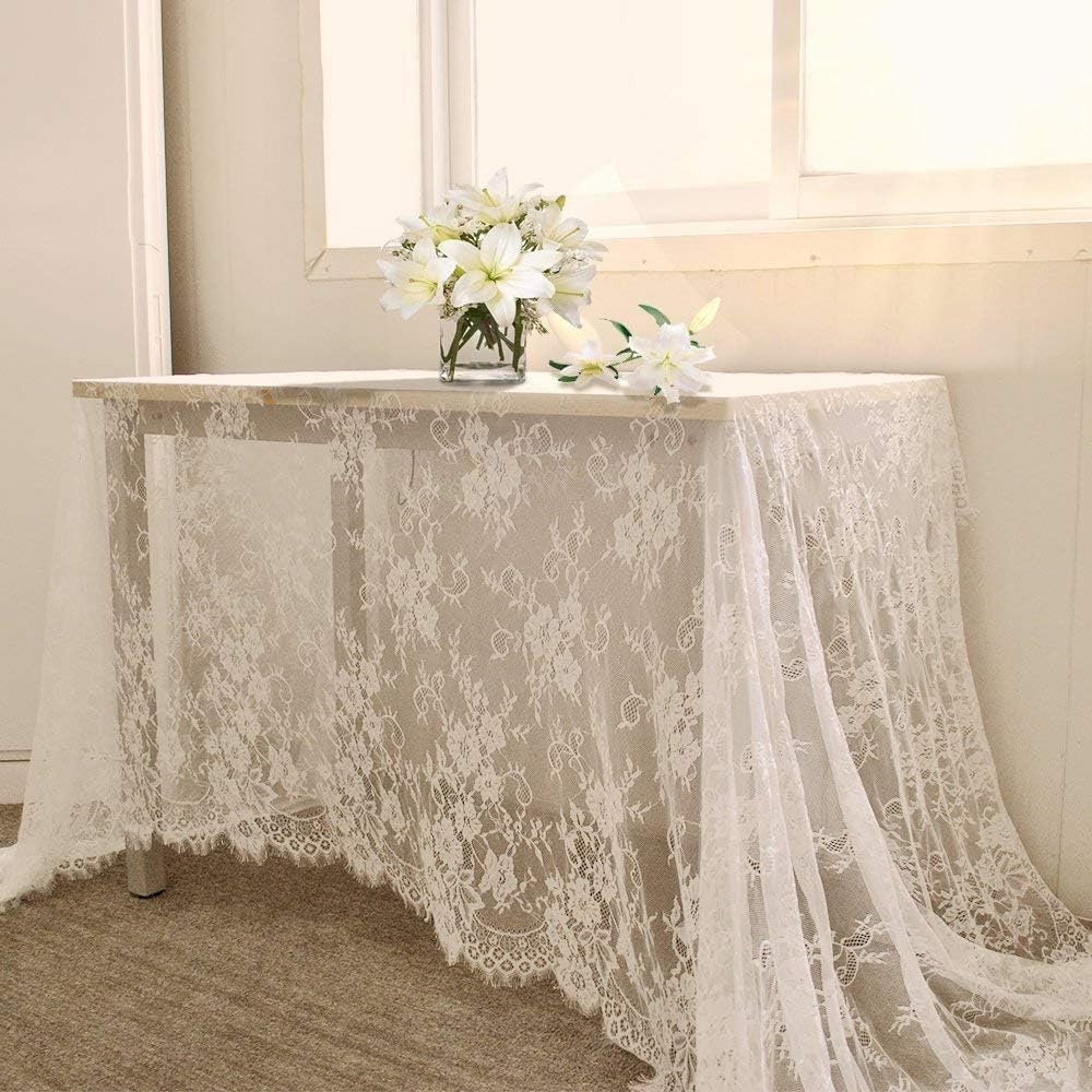 Treasure Macrame Lace Tablecloth - White Linen-Look Polyester, 70x180 Inches Rectangle - View #12