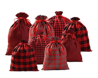 Red Plaid Gift Sack Set -Large and Extra Large Red Plaid Christmas Gift Bag - Drawstring Sack - Drawstring Santa Sack Gift Bags