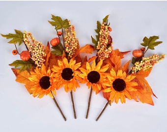 Fall Sunflower Maple Leaf Pumpkin and Berry Stem - Fall Leaves - Silk Maple Autumn Leaves - Silk Floral Stems -P