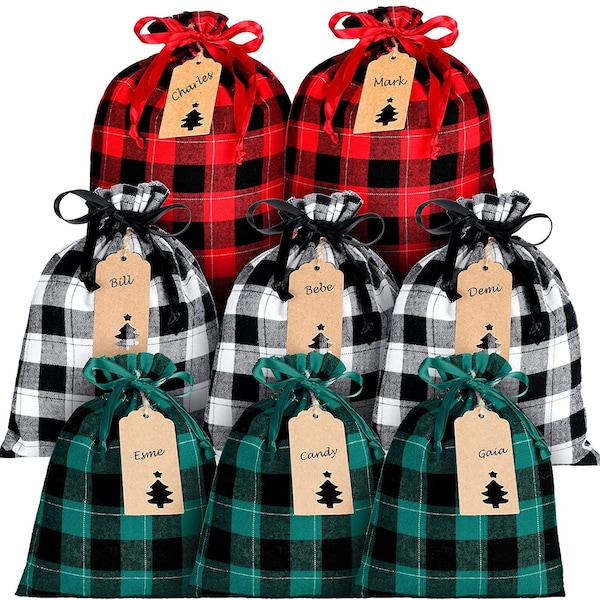 Gift Bags - Gift Sack - Drawstring Sack - Small Medium Large XL Drawstring Santa Sack Gift Bags - Plaid Cloth Bags -3