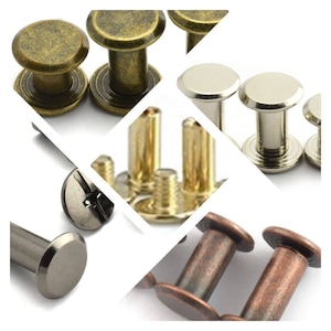 May include: Assortment of metal rivets in various finishes, including antique brass, silver, and copper. The rivets have a round head and a cylindrical shank.