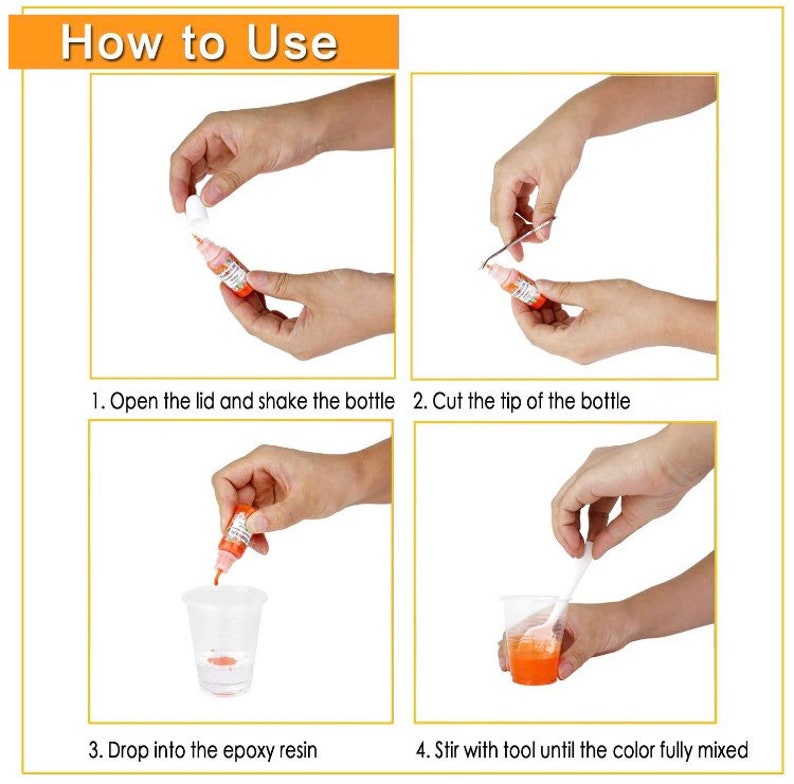 May include: Four step instructions on how to use resin color. Open the lid and shake the bottle. Cut the tip of the bottle. Drop into the epoxy resin. Stir with a tool until the color is fully mixed.