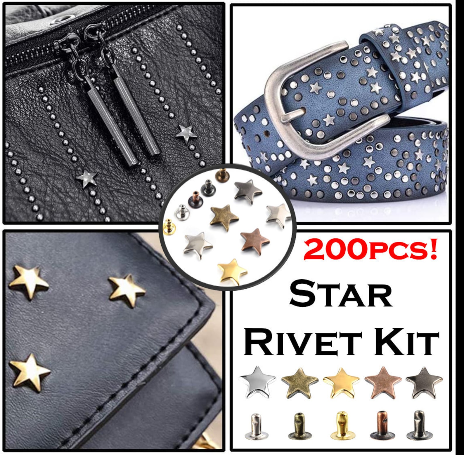 Star Rivet Kit - 200pc Star Shaped Rivets for Leather, Clothes, Vinyl ...
