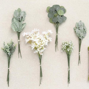 Pode incluir: Conjunto de seis tipos diferentes de vegetação, incluindo eucalipto, sopro de bebê e moinho de pó. A vegetação está amarrada com barbante e disposta em uma fileira sobre um fundo bege.